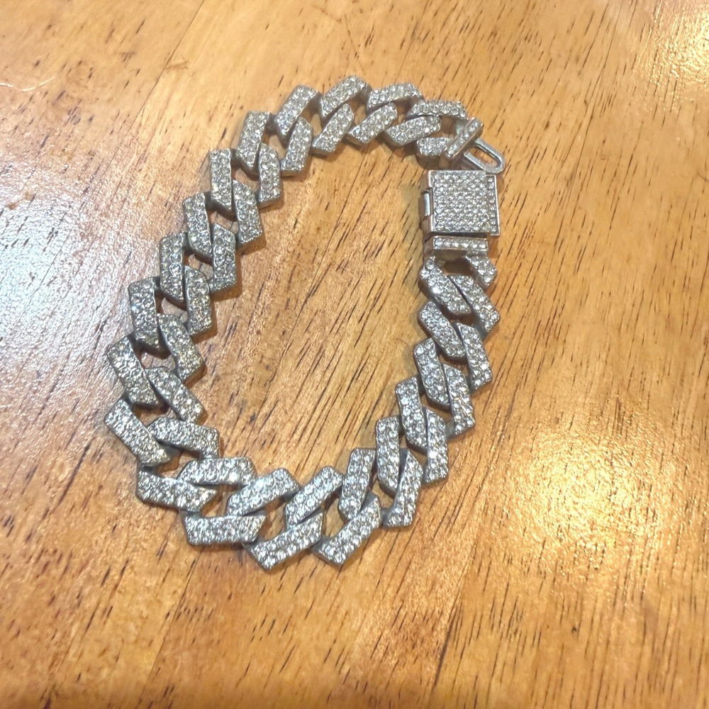 Iced Out Silver Cuban Link Bracelet Chunky Hip Hop Bling Streetwear Statement